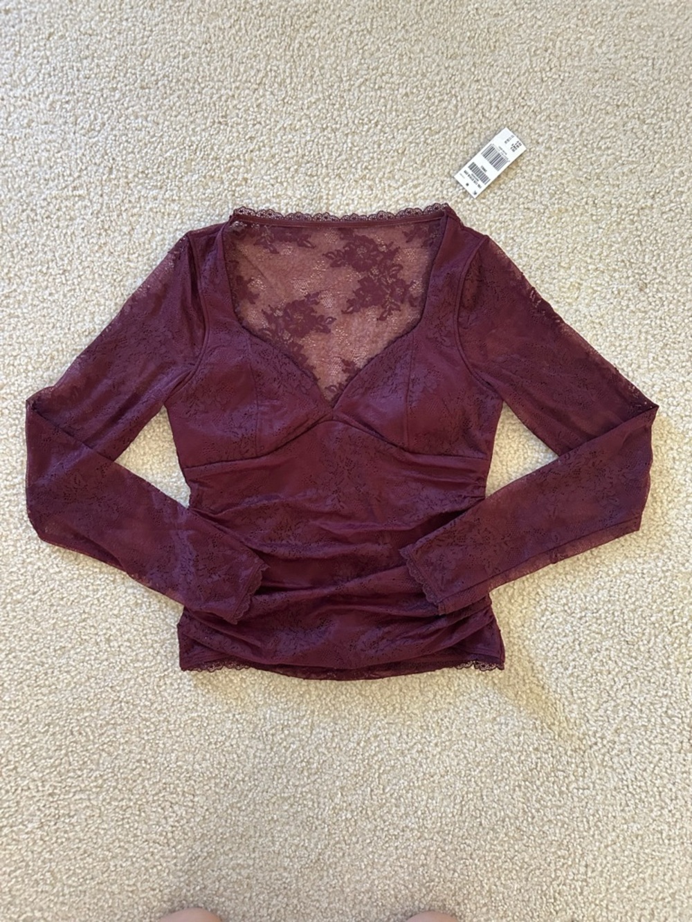 Abercrombie & Fitch Burgundy Lace Long-Sleeve V-Neck Top